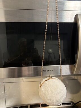 Magnolia Pearl White Faux Fur Round Mini Bag with Gold Chain
